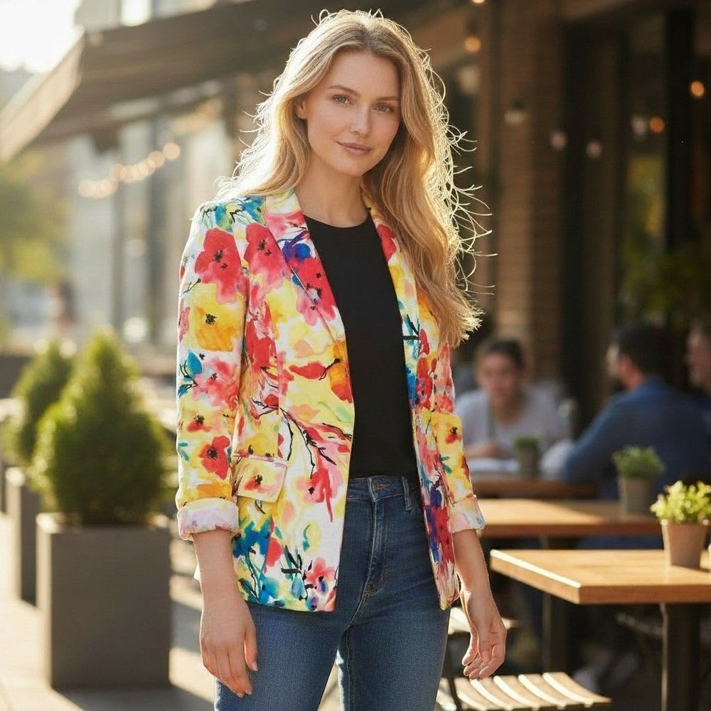 Investments Petites Floral‎ Blazer Multicolor Cotton Tailored Jacket Size 4P